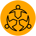 Three people connecting symbolically